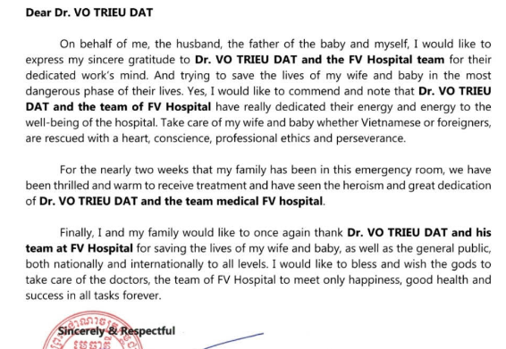 The letter sent by the husband of the expectant mother to Dr Vo Trieu Dat, MD, MSc and FV Hospital team