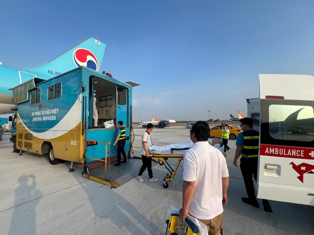 An ambulance brought the patient directly to the aircraft door.